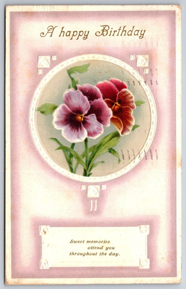 Greetings~Purple & Red Pansies Birthday Greeting~Vintage Postcard