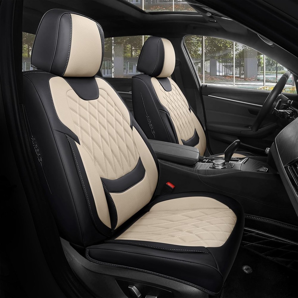 FREESOO Black Beige Car Seat Covers Full Set - 5 Seats, Black-Beige