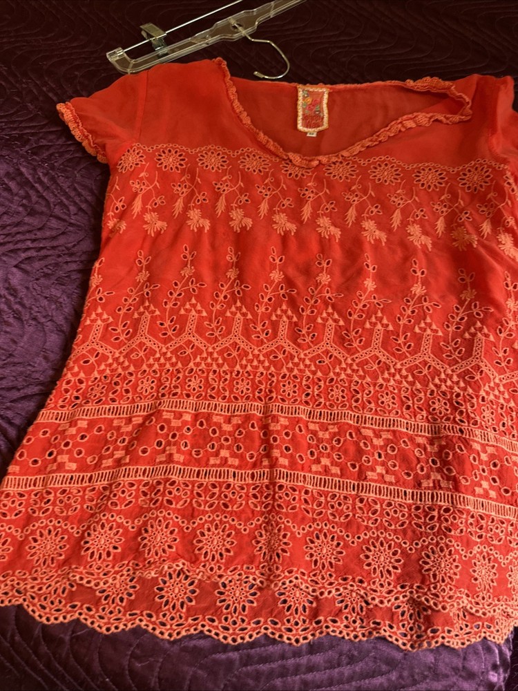 Johnny Was Shirt Sleeve Red Embroidered Shirt Medium M