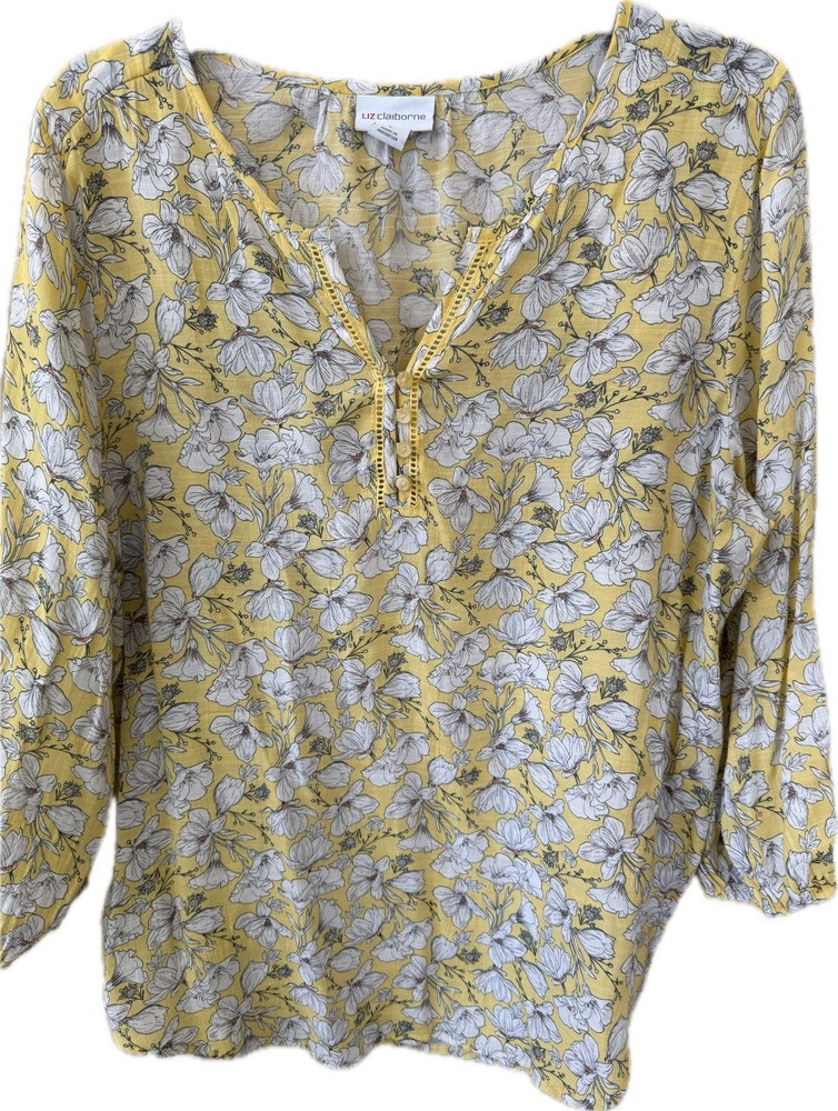 Liz Claiborne Floral Yellow/White/Gray V-Neck 3/4 Sleeve Button Blouse L