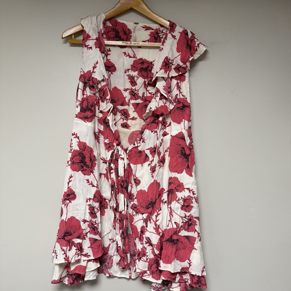 Free People White Pink Floral Ruffle Tie Front Sleeveless Mini Dress Size S