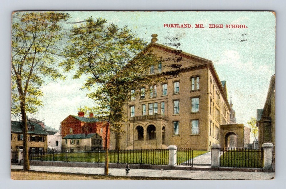 Portland ME-Maine, High School, Antique, Vintage c1909 Souvenir Postcard
