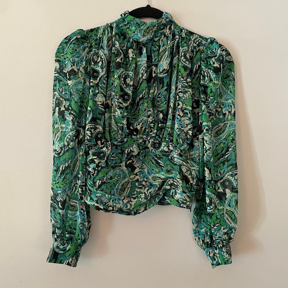Zara Green Blue High Neck Flowy Blouse Cropped Lightweight Women's size Small