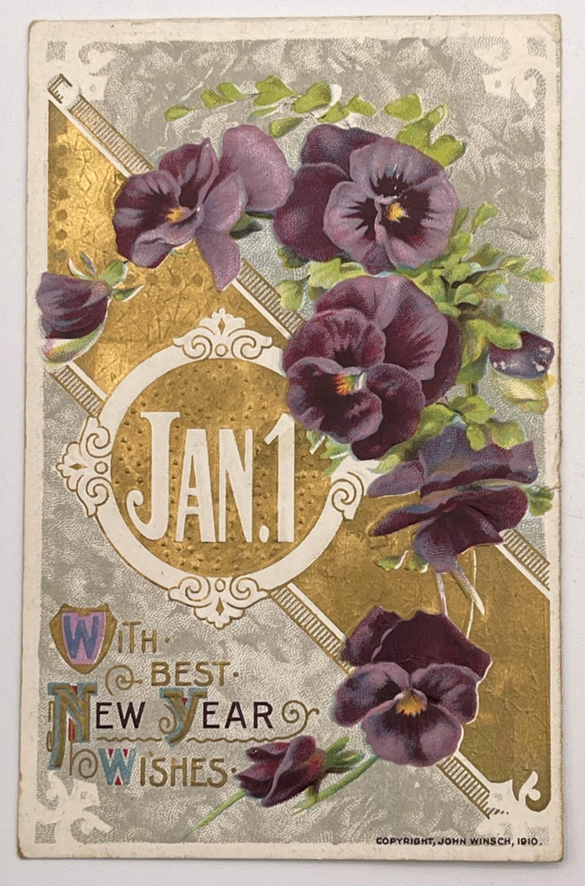1910 New Year Wishes Jan 1 Purple Flowers John Winsch Artist Signed Postcard