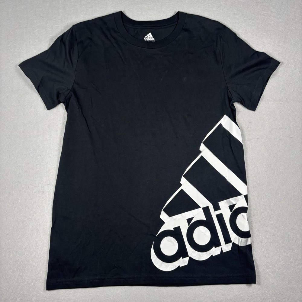 Adidas T-Shirt Youth Size Large 14-16 Unisex Tee Black White Logo Athletic