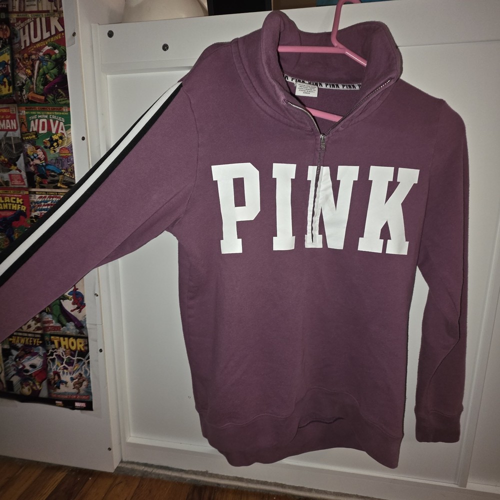 PINK Victoria's Secret 1/4 Zip Sweatshirt Purple Logo Women's Size S Fleece