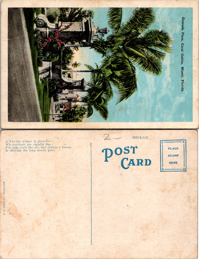 Granada Plaza Coral Gables Miami Florida  Palm Trees Kropp Postcard
