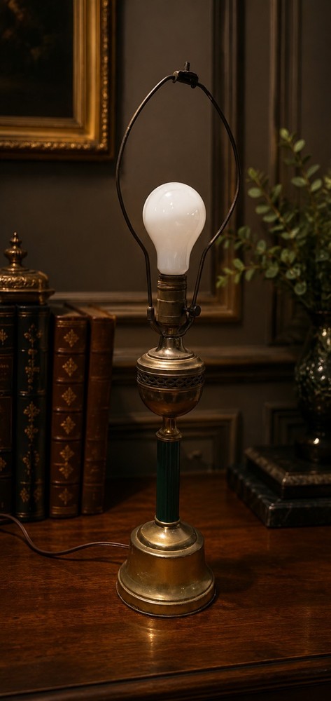 Vintage Hollywood Regency Brass & Green Column Table Lamp Mid Century Modern 25”