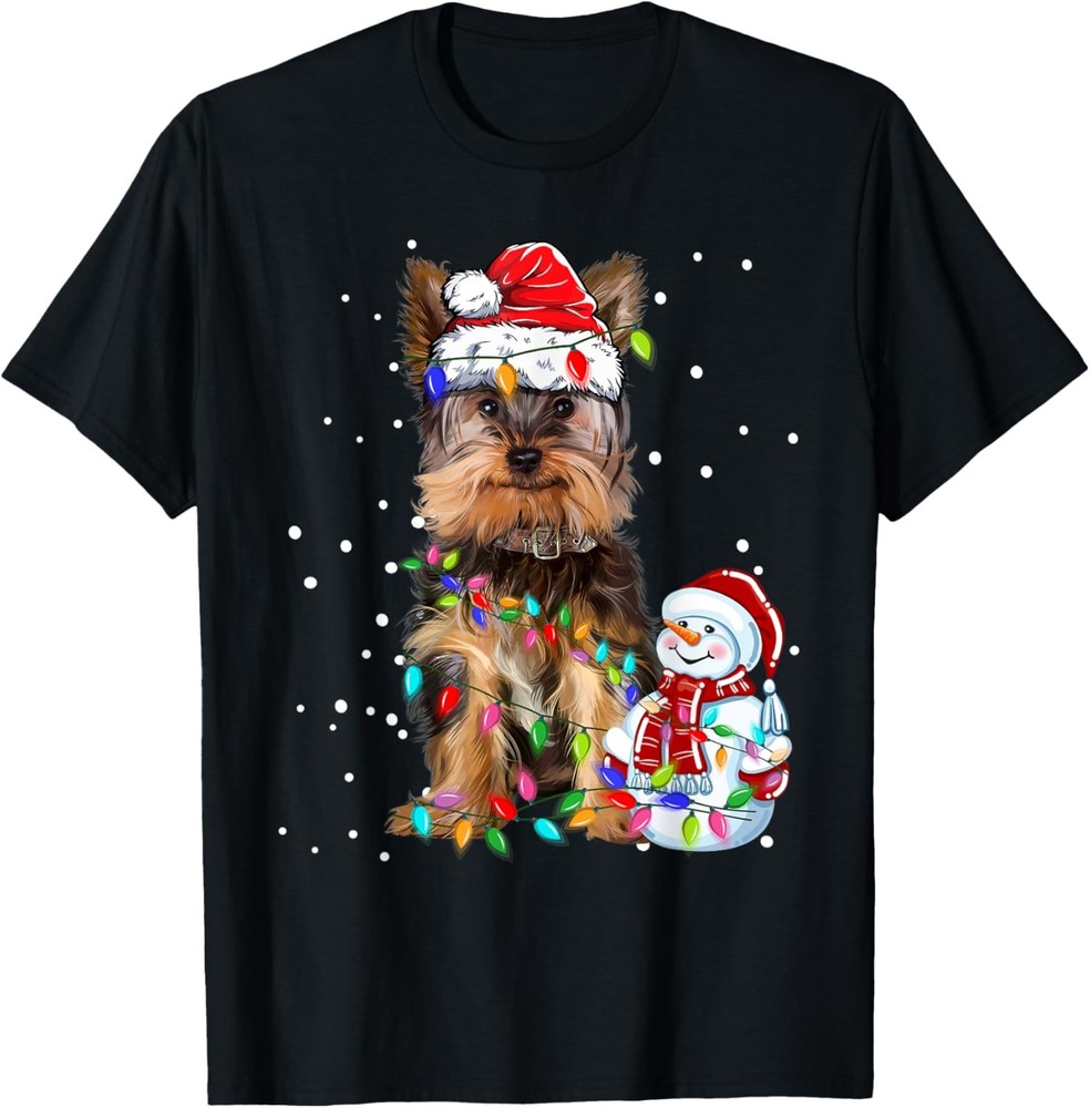 Yorkshire Terrier Christmas Santa Hat Xmas Lights Yorkie Dog T-Shirt