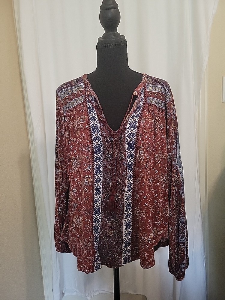 Lucky Brand Women's Boho Peasant Blouse, Long Sleeve, Size L