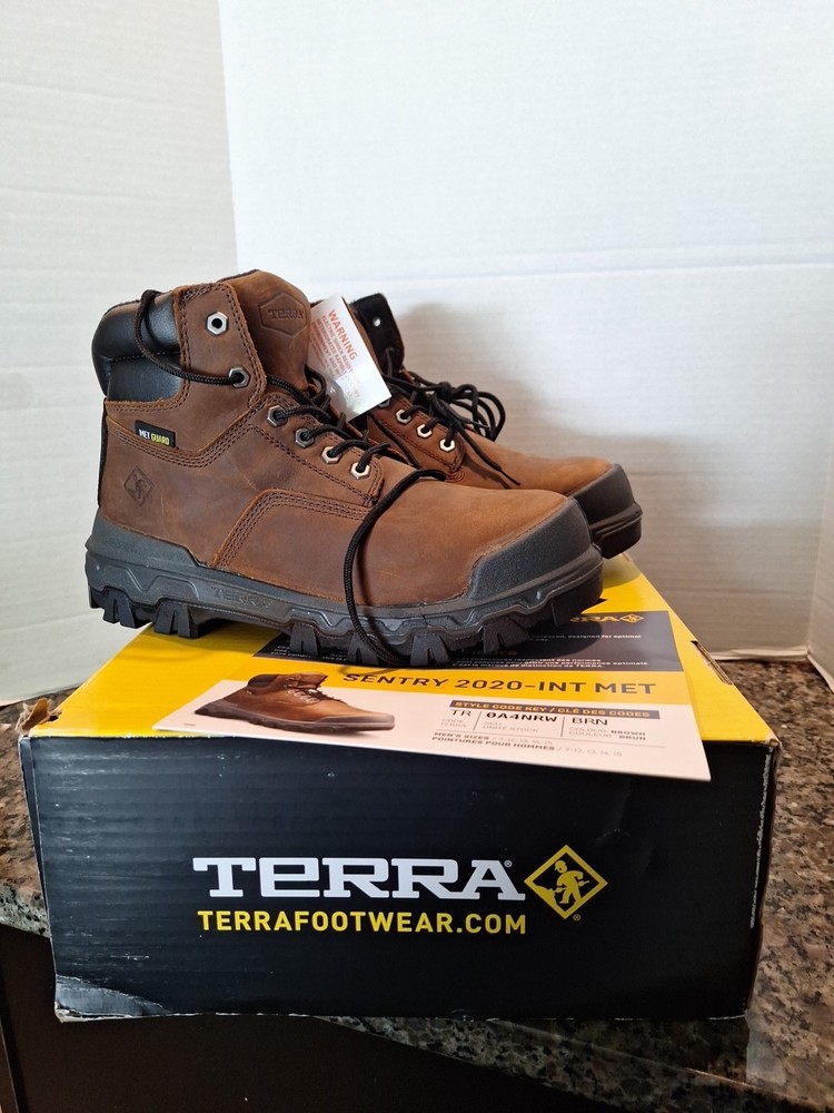 NEW MENS TERRA STEEL TOE SAFETY WORK BOOTS BROWN LEATHER UPPER  8M 41EU