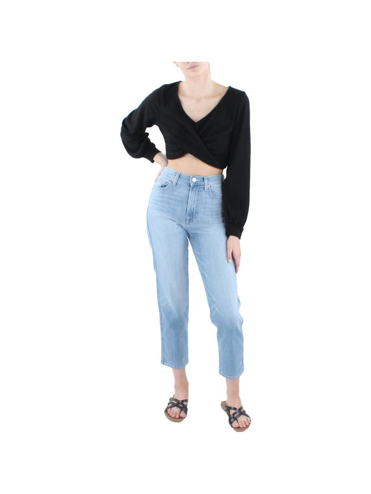 ALMOST FAMOUS Womens Crop Top Black Knit Twist Front Long Sleeve Juniors L