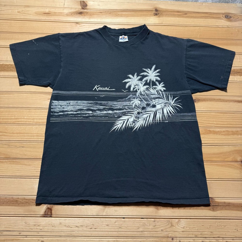 Vintage 90s Kauai Island Hawaii Palm Trees Beach Tropical Souvenir T-Shirt - XL