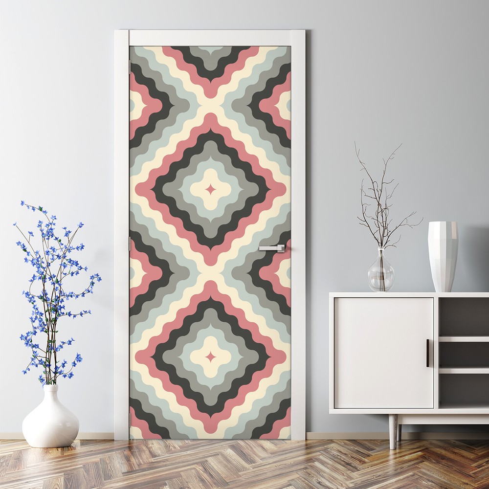 Retro geometric peel-and-stick door decal in pink grey and yellow-image