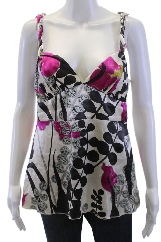 Trina Turk Women Beige Silk V-Neck Floral Camisole Sleeveless Size SFree Shipping in US $100+ Orders | $6.95 Orders Below