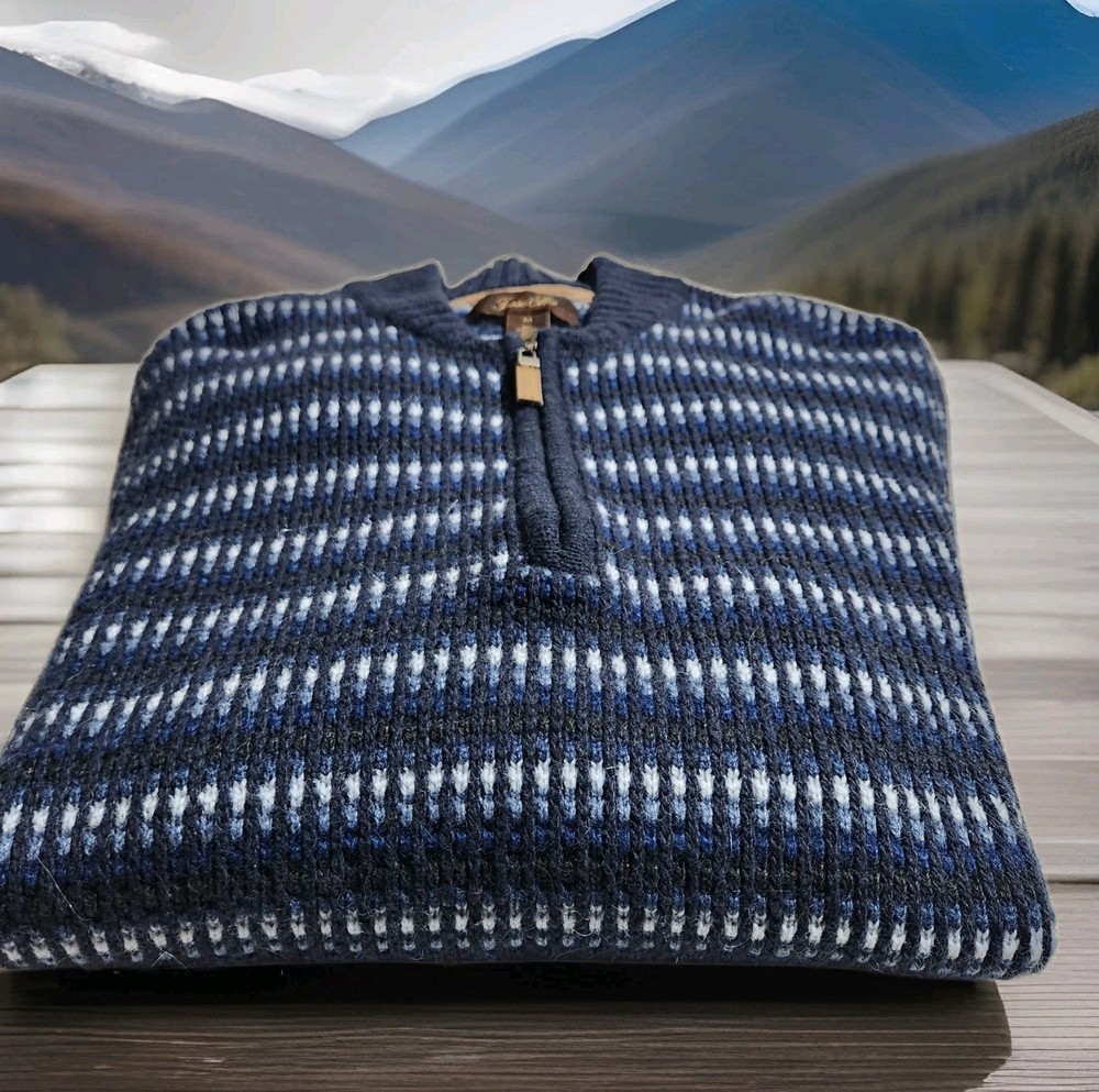 Tasso Ella Sweater Men Medium Blue Striped 1/4 Zip Long Sleeve Elbow Pads
