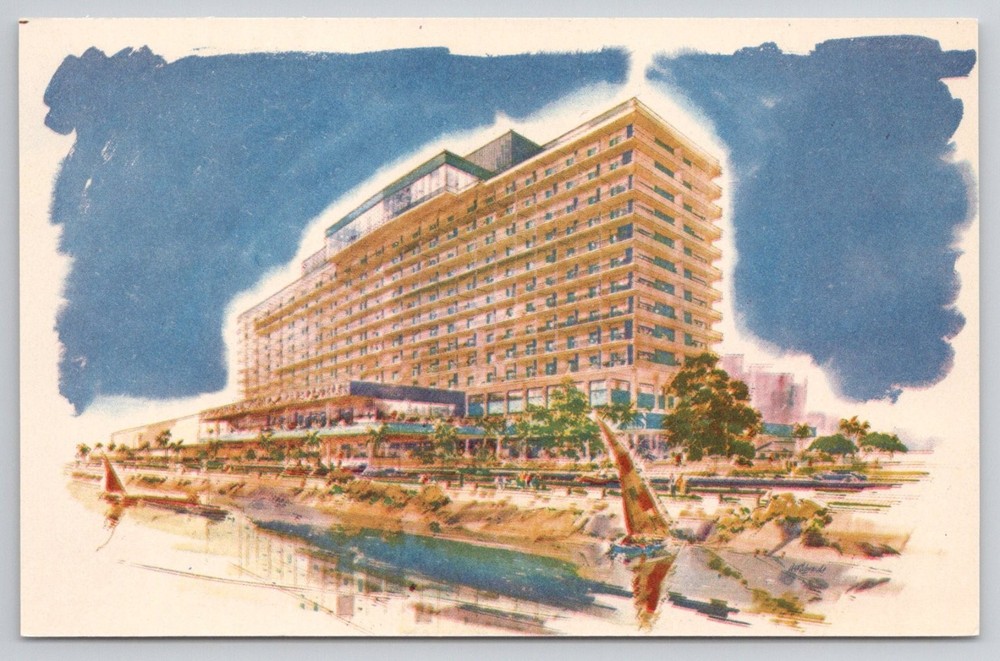 Nile Hilton Hotel Cairo Egypt UAR Postcard Mid-Century Modern Art Illustration