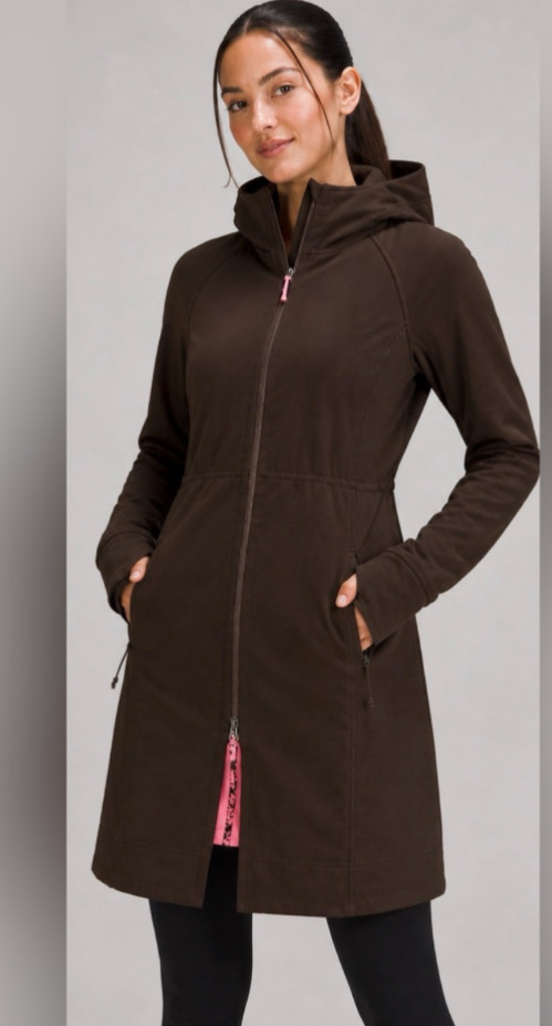 Lululemon Fleece Lined Long Hooded Coat Jacket Brown Pink Floral Trim Size 6