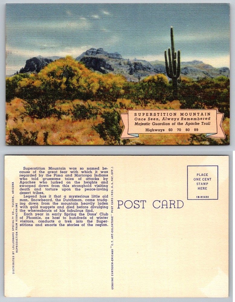 Vintage Superstition Mountain AZ Postcard Apache Trail Linen Saguaro Cactus