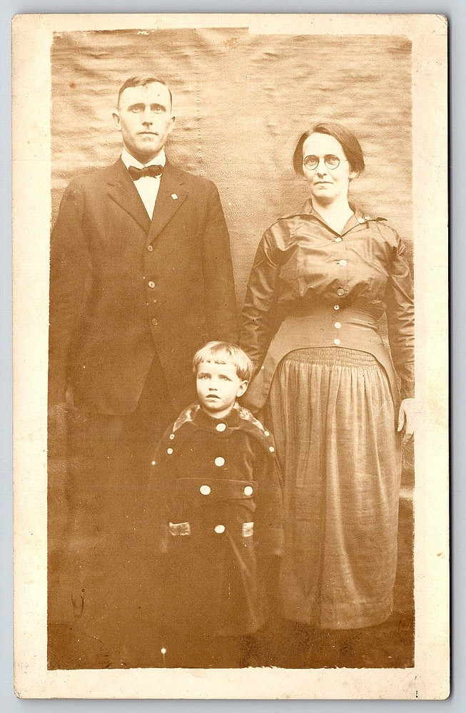 Vintage Old Antique Postcard Photo Picture Family Man Suit Lady Dress Boy Coat