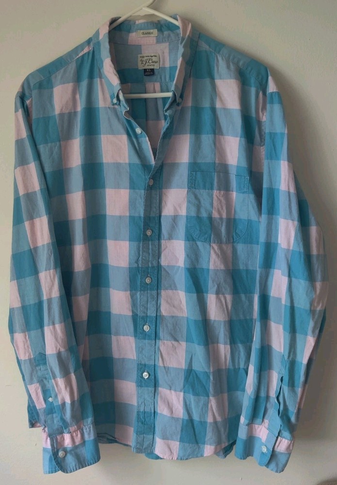 J. Crew Men's Classic Shirt Blue/Pink Gingham Plaid Long Sleeve Stretch Size XL