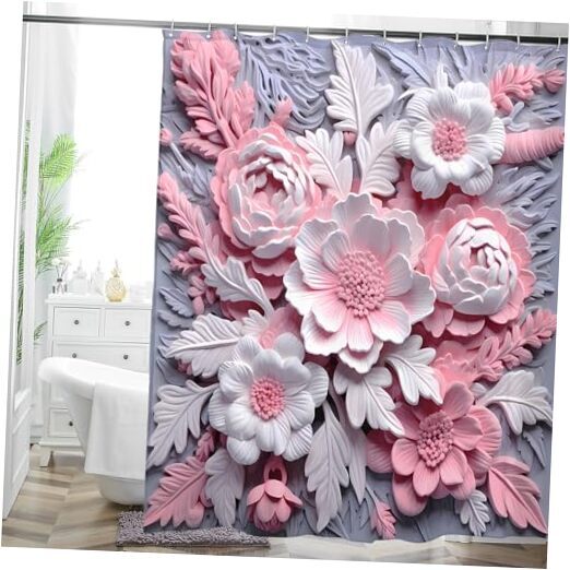 Elegant Floral Shower Curtain, Pink & Grey Minimalist Blossoms Light Pink