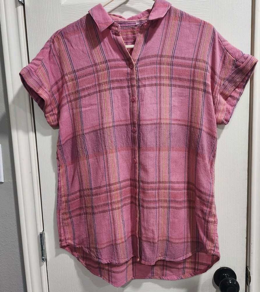 Beach Lunch Lounge Blouse Womens S Pink Plaid 100% Cotton Gauze Shirt Oversized