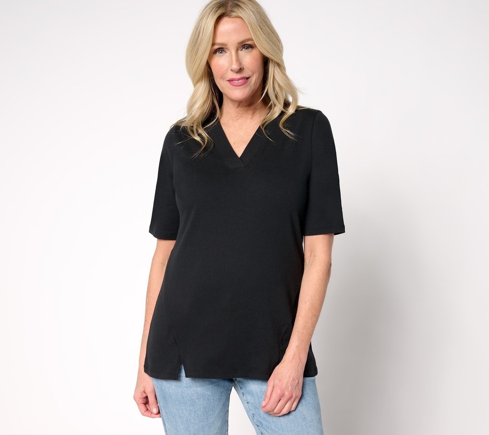 Fashion Women's Top Sz S Denim & Co. Essentials True Cotton V-Neck Black A689760