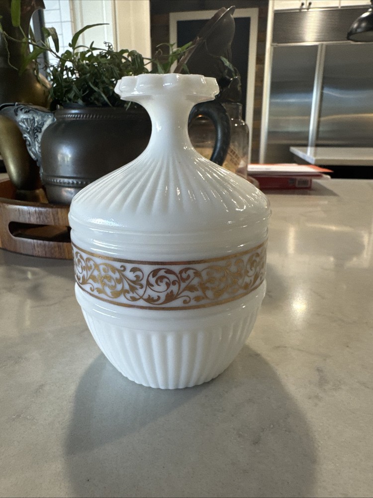 Vintage Avon White Milk Glass and Gold Filigree Ceramic Jar with Lid