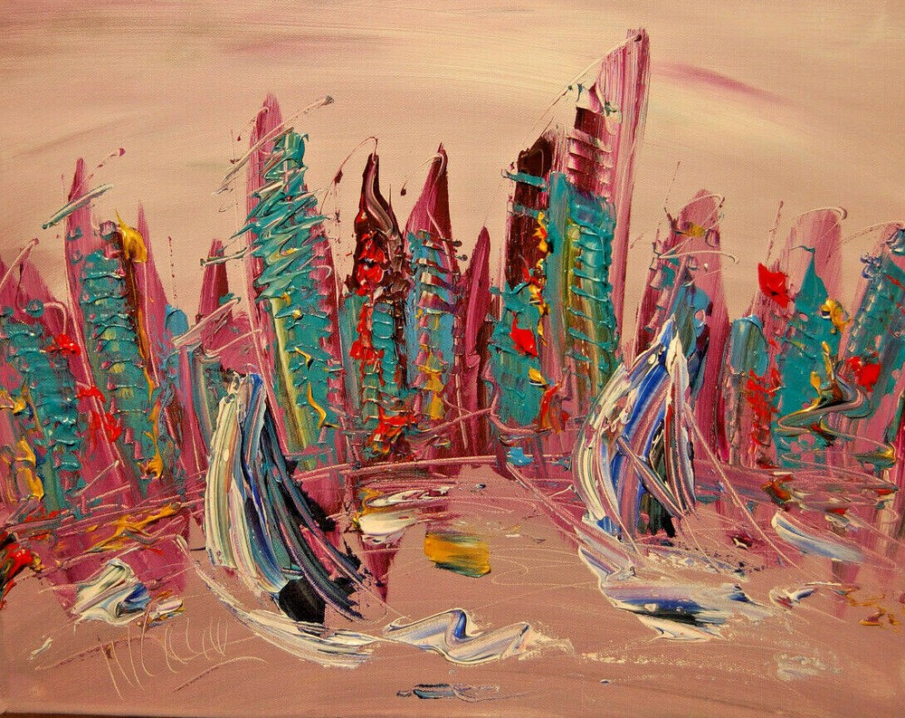 CITYSCAPE   PURPLE ART MODERN ABSTRACT Painting  Stretched   IMPRESSIONIST