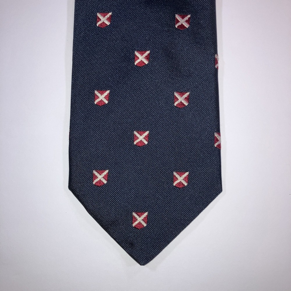 Breuer Repp Silk Tie Crested Navy Blue with Red & White Crests Handmade in Italy