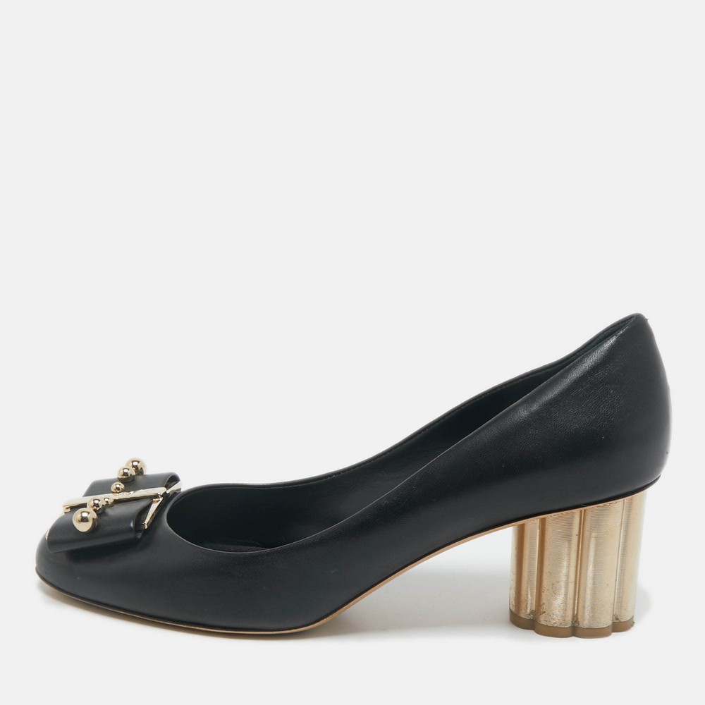 Salvatore Ferragamo Black Leather Vara Bow Studded Heels Size 40.5