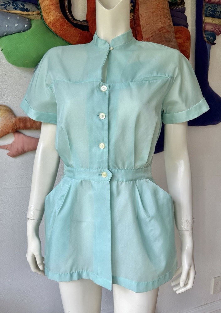 Vintage NURSE UNIFORM 1950s Top Uniform Blouse Shirt Green Tailored 1960s