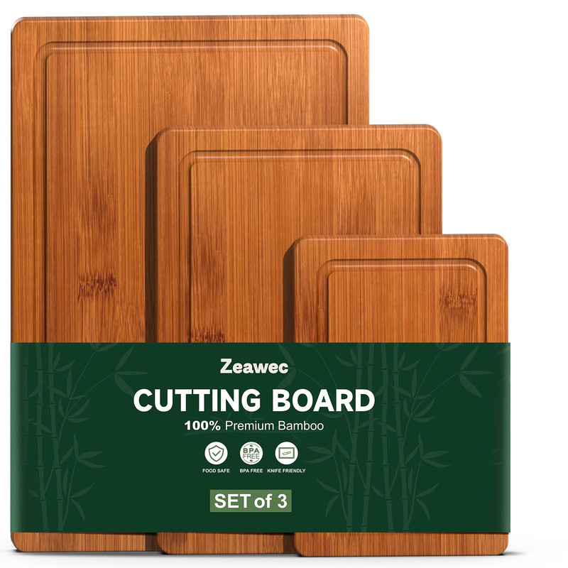 Zeawec 3-Piece Set Bamboo Cutting Board For Kitchen - Crack-Resistant Wood