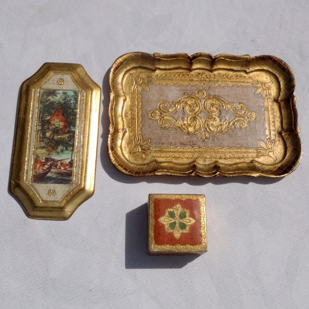 Vintage Italian Florentine Gold Gilt Wood 3 PC LOT Plaque, Tray & Trinket Box EC