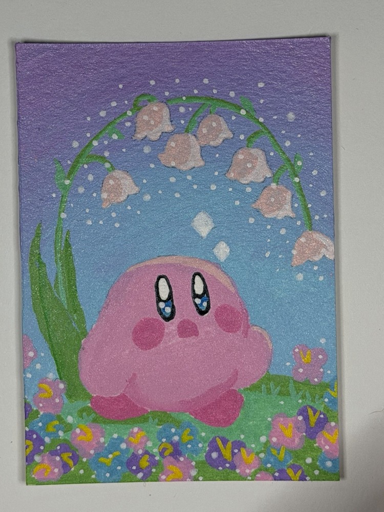ACEO Original Kirby Cartoon Floral Flower Fantasy Anime Whimsical Art Painting