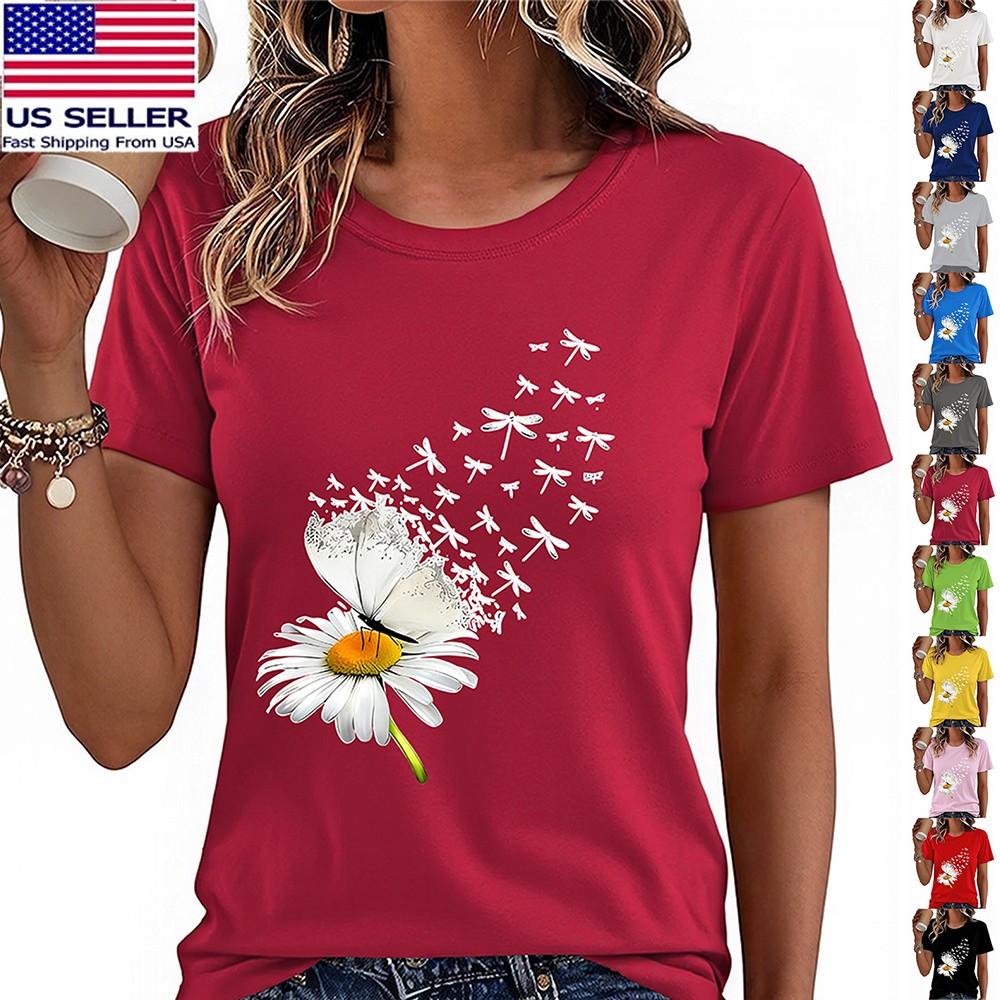 100%Cotton T-Shirt Women Floral Printed Crew Neck Short Sleeve Basic Tee Summer♪