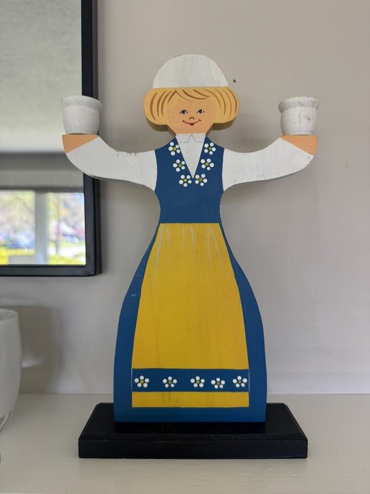 Vintage Swedish UPSALA AJA TRA Imprint Wooden Figurine Candle Holder HandPainted