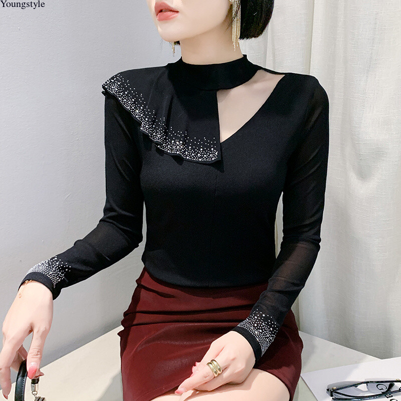 Western Korean Women Tops Rhinestone Cut Out party Cocktail Ruffle Mesh Blouse
