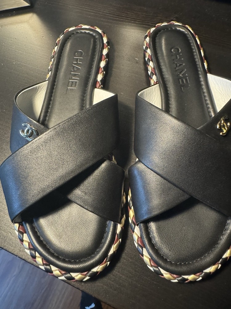 CHANEL Black Leather Strappy Women's Sandals Luxury Designer Footwear