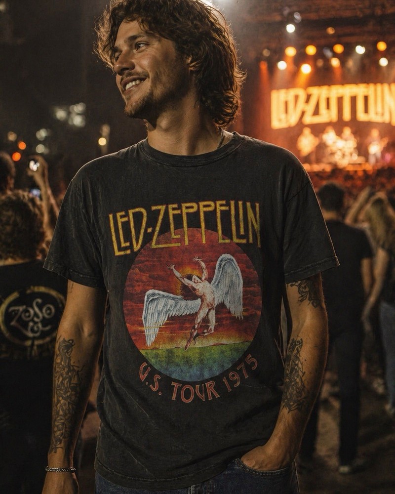 Led Zeppelin 1975 US Tour Tee Mens XL Vintage Style Band Shirt Black Cotton EUC!