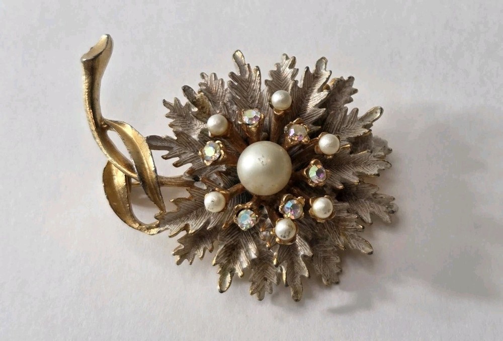 Vintage BSK Flower Brooch Gold Tone  Faux Pearl Rhinestone Pin Texture Signed