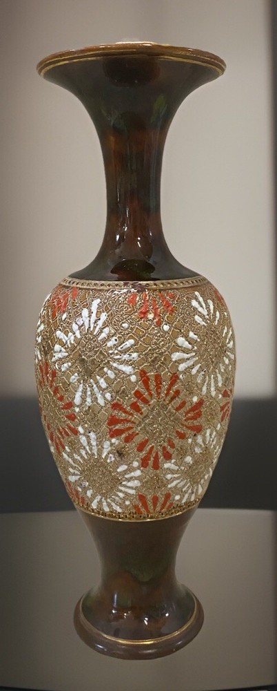 Doulton Slater's Patent Red & White Floral Enamel Beige & Gold Vase