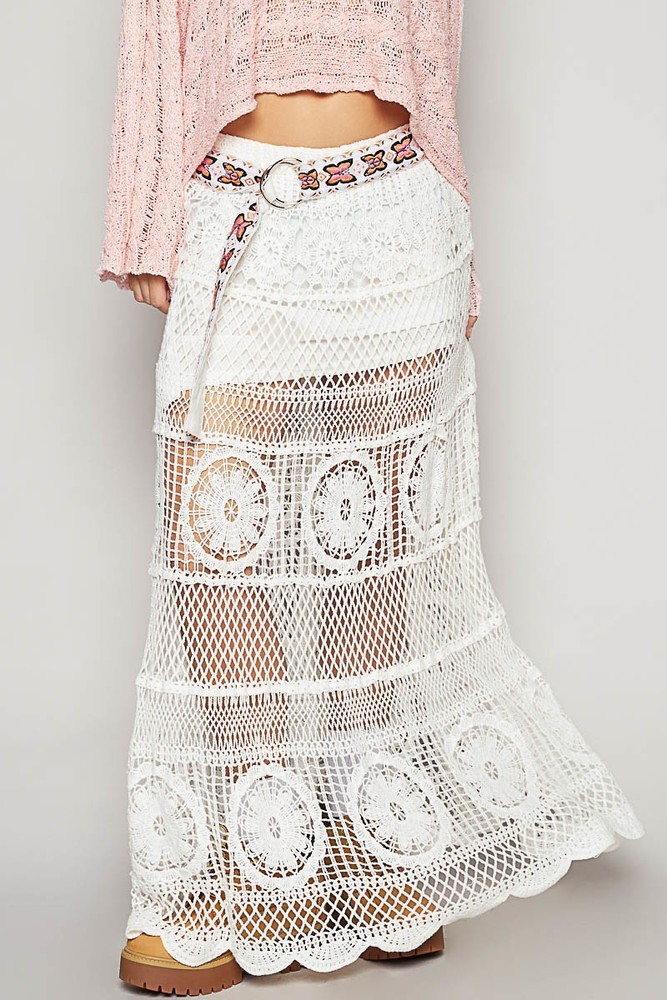 White Boho Crochet Lace Flared Maxi Skirt OS L Summer Beach Coachella Festival