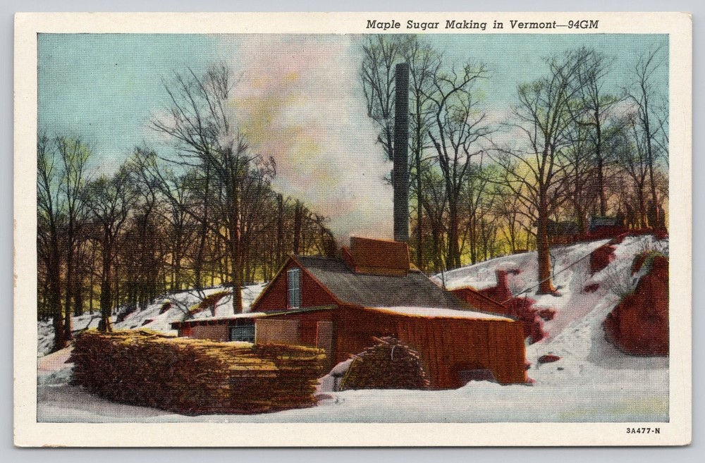 Vintage Linen Postcard Maple Sugar Making Vermont C.W. Hughes 1930s