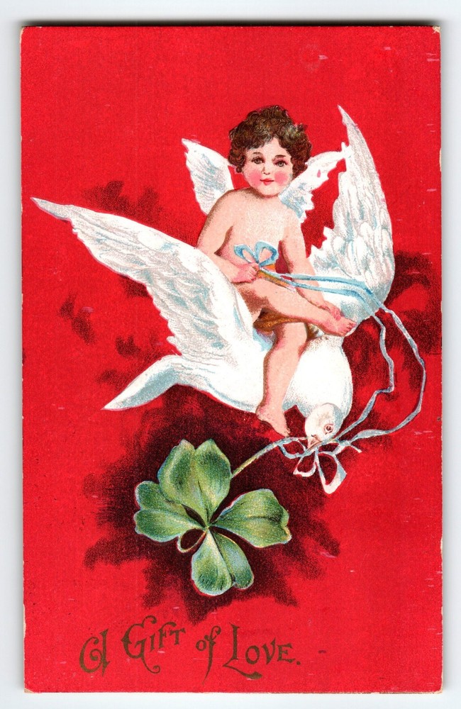 Valentine Postcard Cupid Angel Flying On White Dove Fantasy Embossed Clover