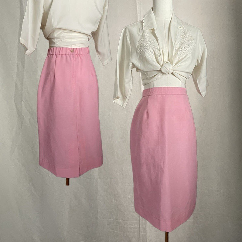 Vintage Pink Pencil Skirt 80s Size Small Elastic Waist Textured Midi Skirt Retro