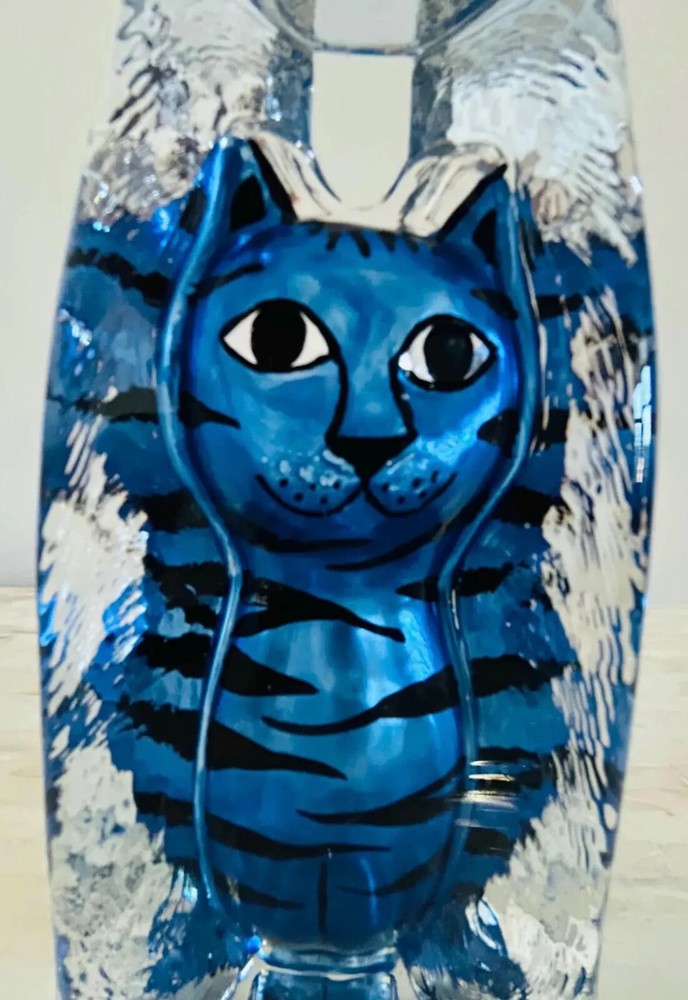Kosta Boda Sweden 1980s Art Glass Cat hand painted blue cat signed