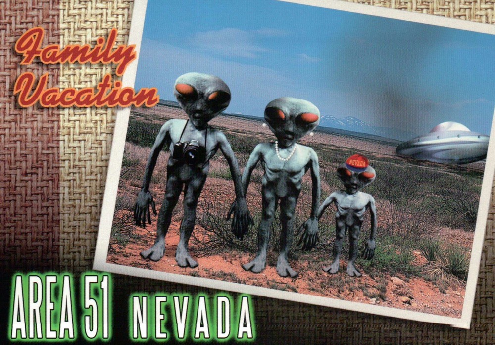 Area 51 Nevada, Family Vacation, Aliens Little Green / Gray Men, UFO -- Postcard