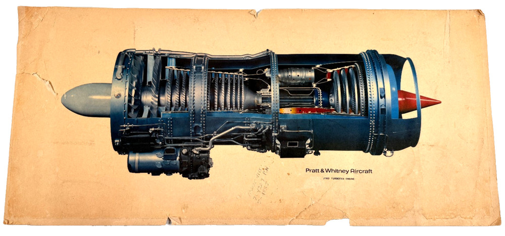 vtg 1960's Large Pratt & Whitney JT8D Turbofan Jet Engine Poster Schematic Prin